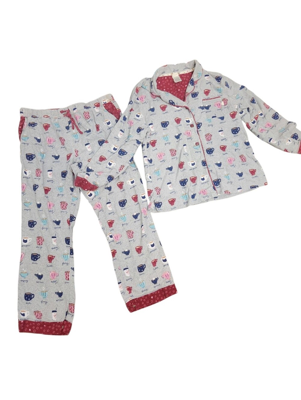 Munki Munki Flannel Pajamas Womens Large 2 Pc Gray Coffee Cups Winter
